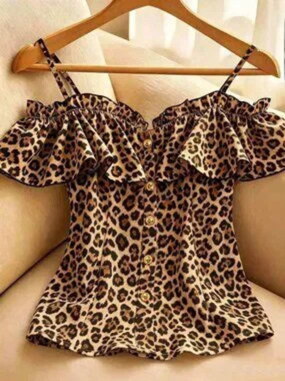 Multicolor Casual Women's Leopard Print Off-Shoulder Ruffle Trim Camisole Shirt